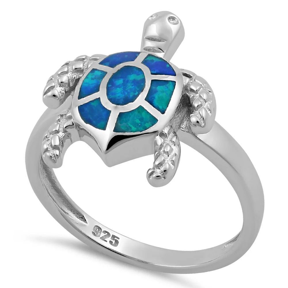 Blue Opal Turtle Sterling Silver Ring New